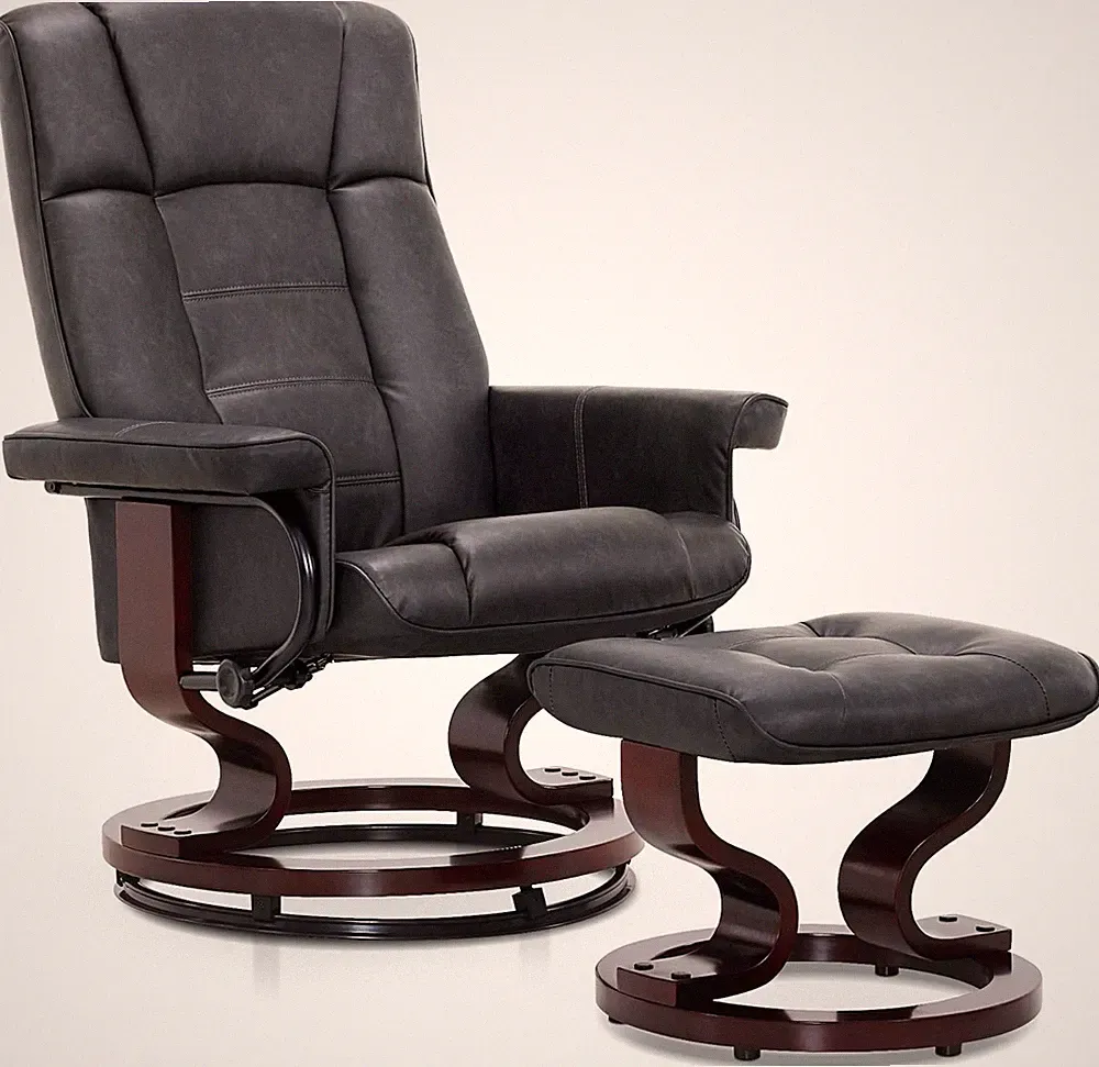Compact Manual Swivel Recliner & Ottoman Set in Dark Grey Faux Leather