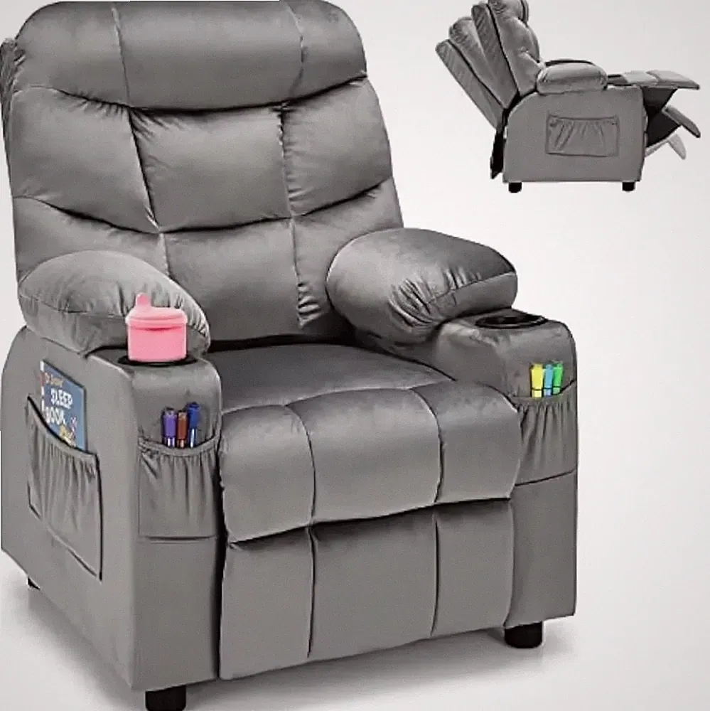 Kids Recliner Chair with Cup Holder, Adjustable Velvet Lounge Chair Footrest.