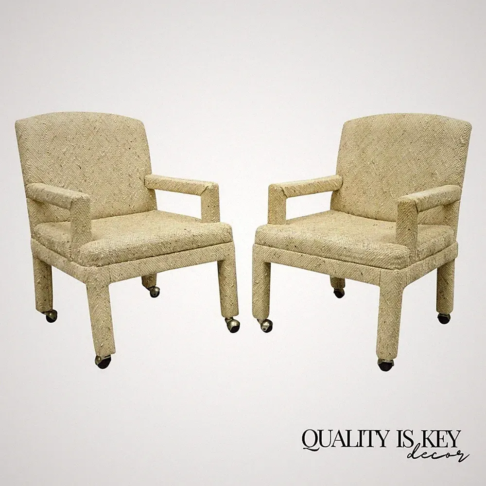 Vintage Bassett Mid Century Modern Upholstered Parson Style Lounge Chairs - Pair